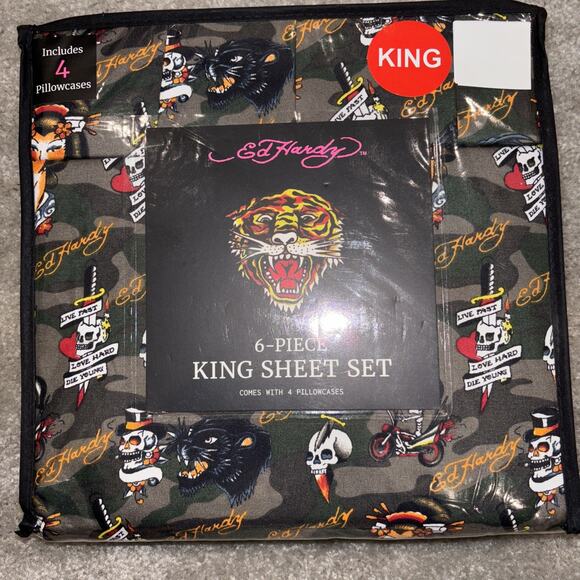 Ed Hardy Skull Camouflage 6 Piece King Sheet Set Tattoo Print with 4 Pillowcases - Picture 1 of 5